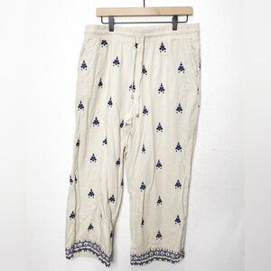 Anthropologie Calligraphie Linen Blend Bohemian Pants Embroidered Wide Leg Ivory